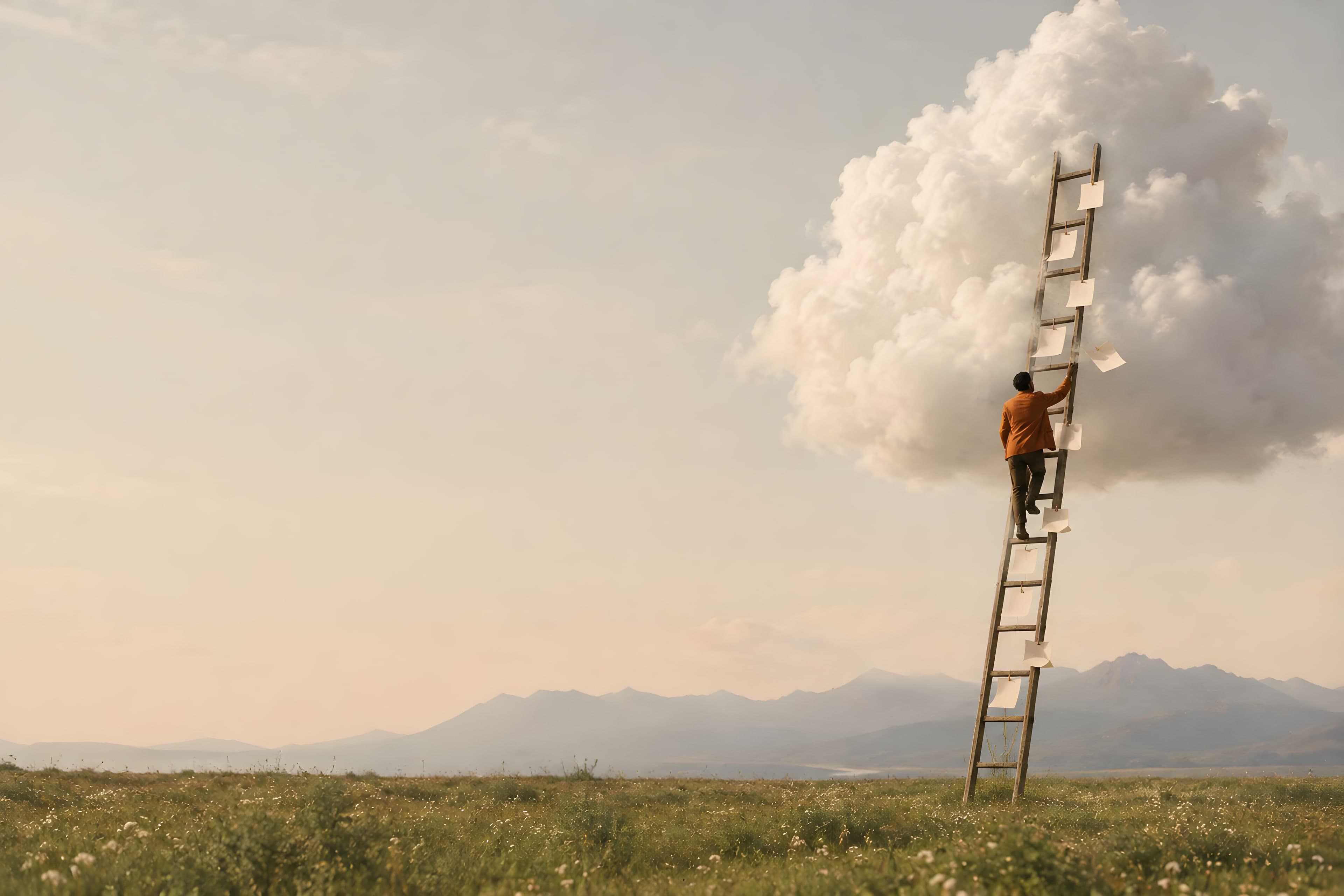 A person in an orange jacket climbs a ladder into a cloud; blank notes are clipped to the rungs.